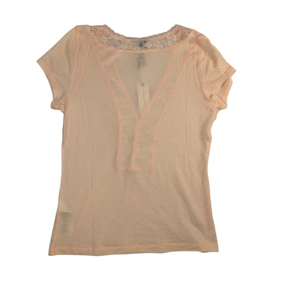 Anthropologie Laced V Neck Tee Peach Lace Trim Lyocell Stretch Top NWT Medium - Picture 4 of 8